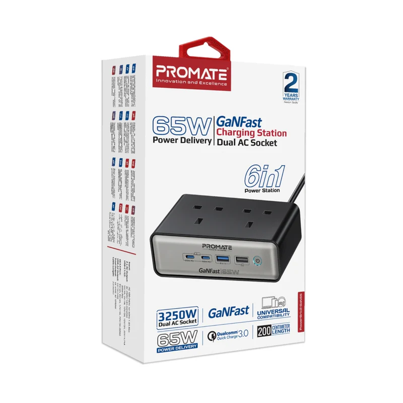 Promate PowerBrix2-GaN65 65W Power Delivery GaNFast Charging Station with 3250W Dual AC Socket Promate PowerBrix2-GaN65 65W Power Delivery GaNFast Charging Station with 3250W Dual AC Socket